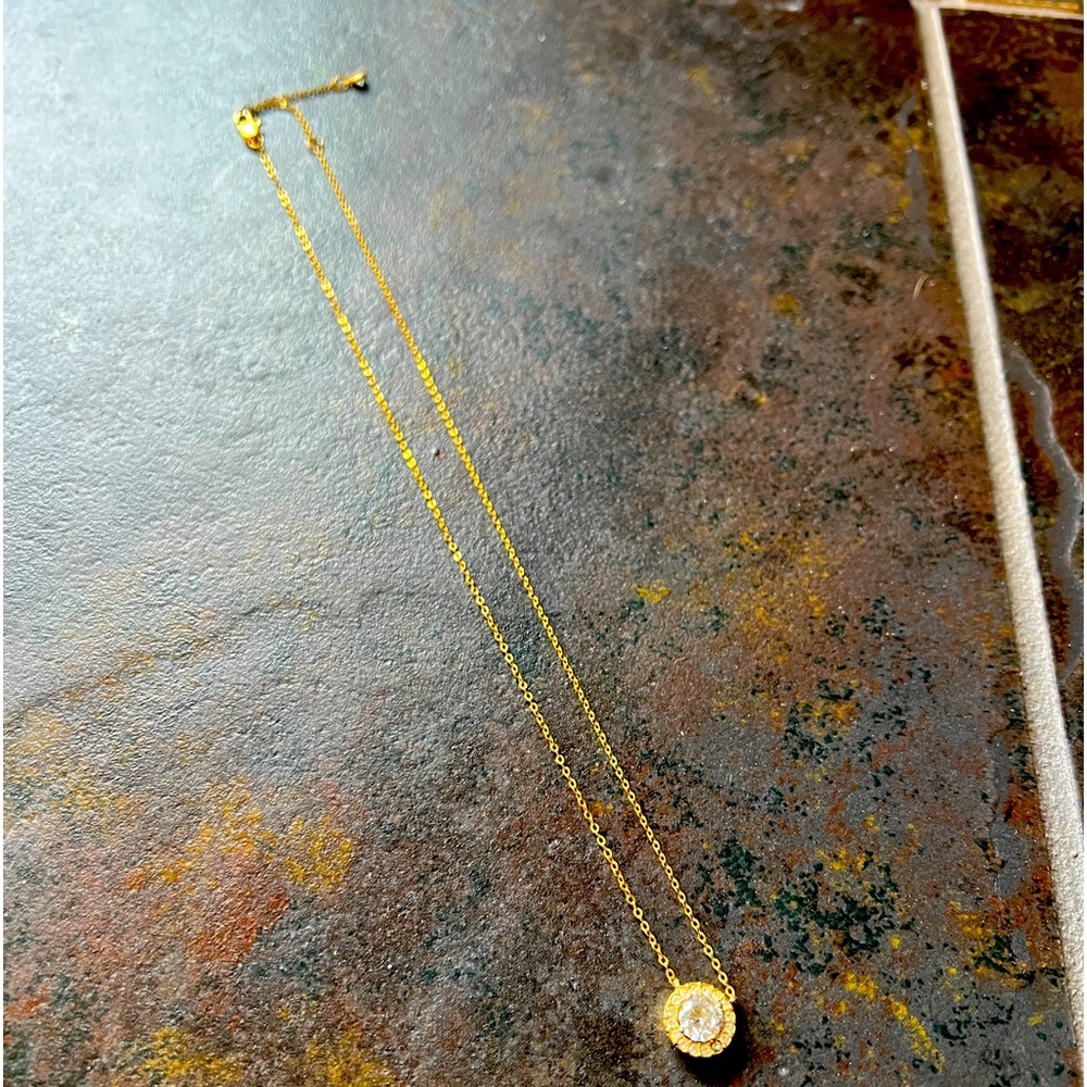 Gold Plated Faux Diamond Round Solitaire Pendant Halo Necklace